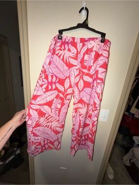 Wide Leg Tropical Print Pants - Pink/Red